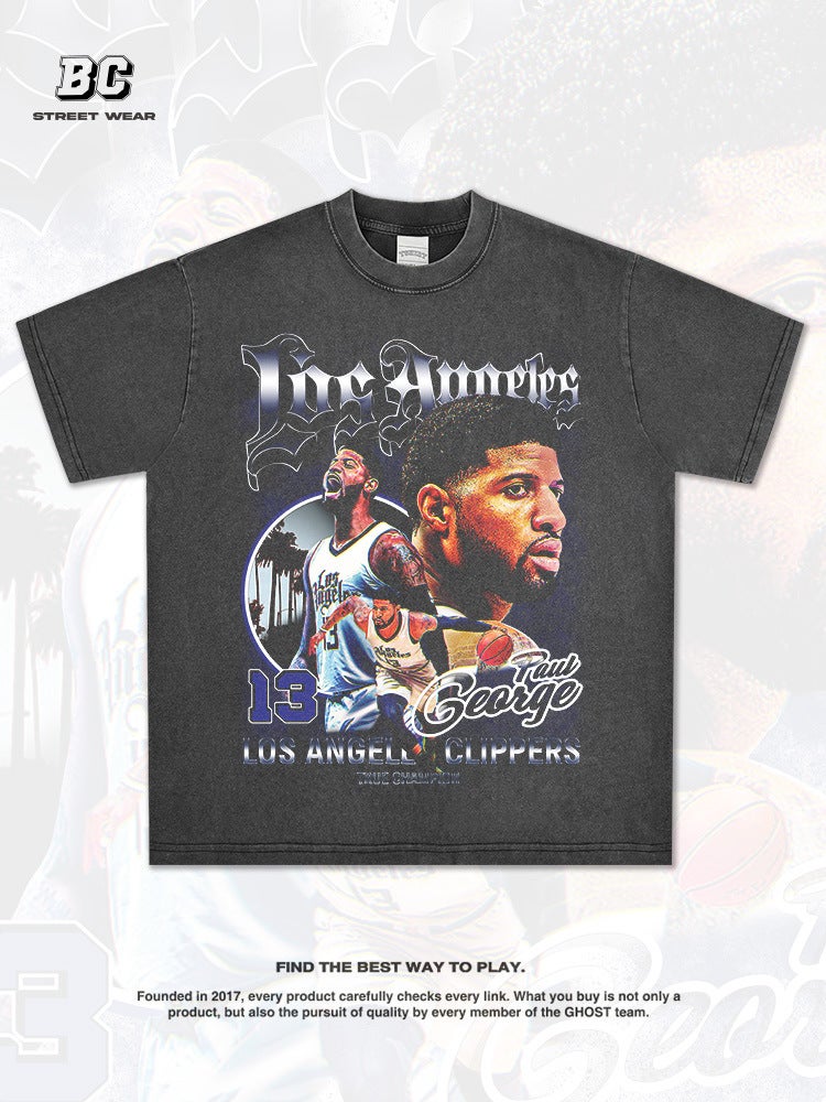 Paul George Short-Sleeve T-Shirt Vintage Versatile Printed Trendy Washed Round-Neck Hoodie Paul George Theme - Image 5