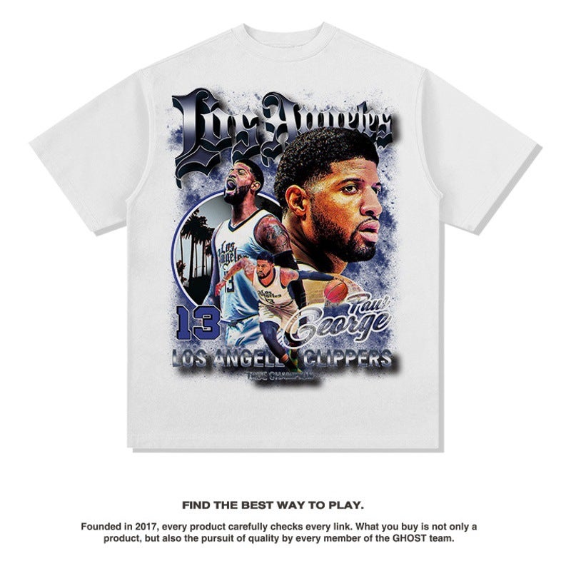 Paul George Short-Sleeve T-Shirt Vintage Versatile Printed Trendy Washed Round-Neck Hoodie Paul George Theme - Image 2