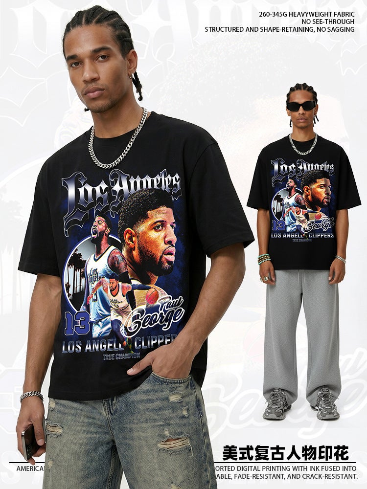 Paul George Short-Sleeve T-Shirt Vintage Versatile Printed Trendy Washed Round-Neck Hoodie Paul George Theme - Image 3
