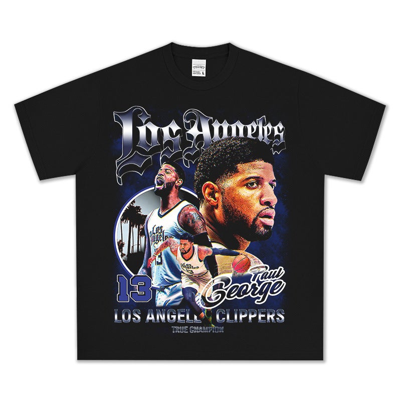 Paul George Short-Sleeve T-Shirt Vintage Versatile Printed Trendy Washed Round-Neck Hoodie Paul George Theme - Image 1