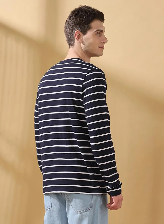 Dennis Lingo Men's Blue Cotton Blend Striped Regular Fit T-Shirt