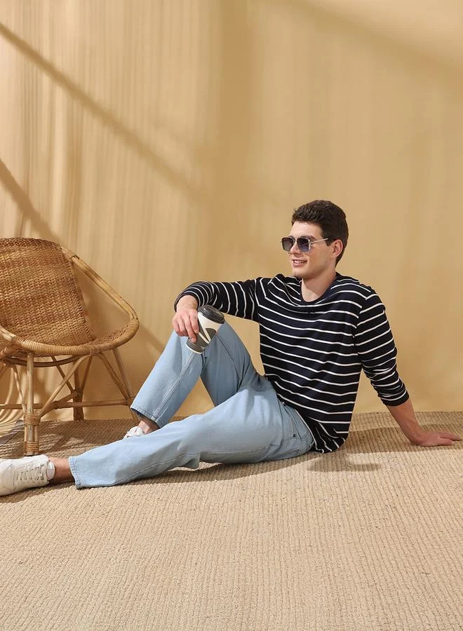 Dennis Lingo Men's Blue Cotton Blend Striped Regular Fit T-Shirt