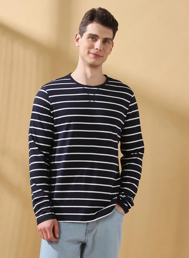 Dennis Lingo Men's Blue Cotton Blend Striped Regular Fit T-Shirt