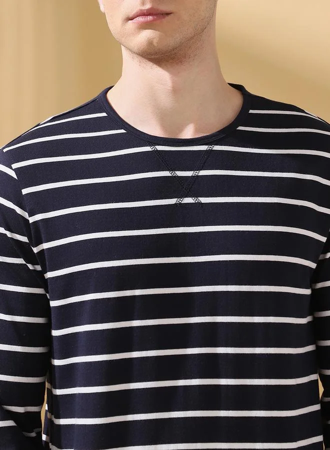 Dennis Lingo Men's Blue Cotton Blend Striped Regular Fit T-Shirt