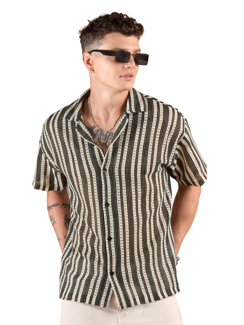 Beyoung Off White Stripe Crochet Half-Sleeves Shirt