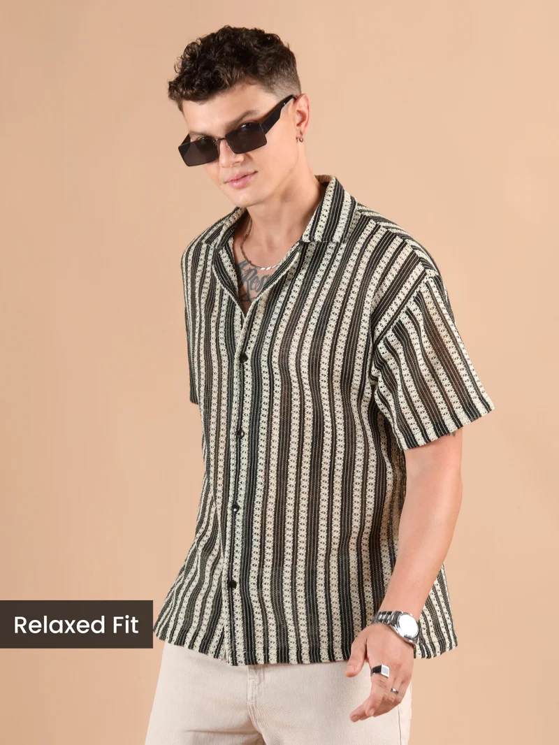 Beyoung Off White Stripe Crochet Half-Sleeves Shirt