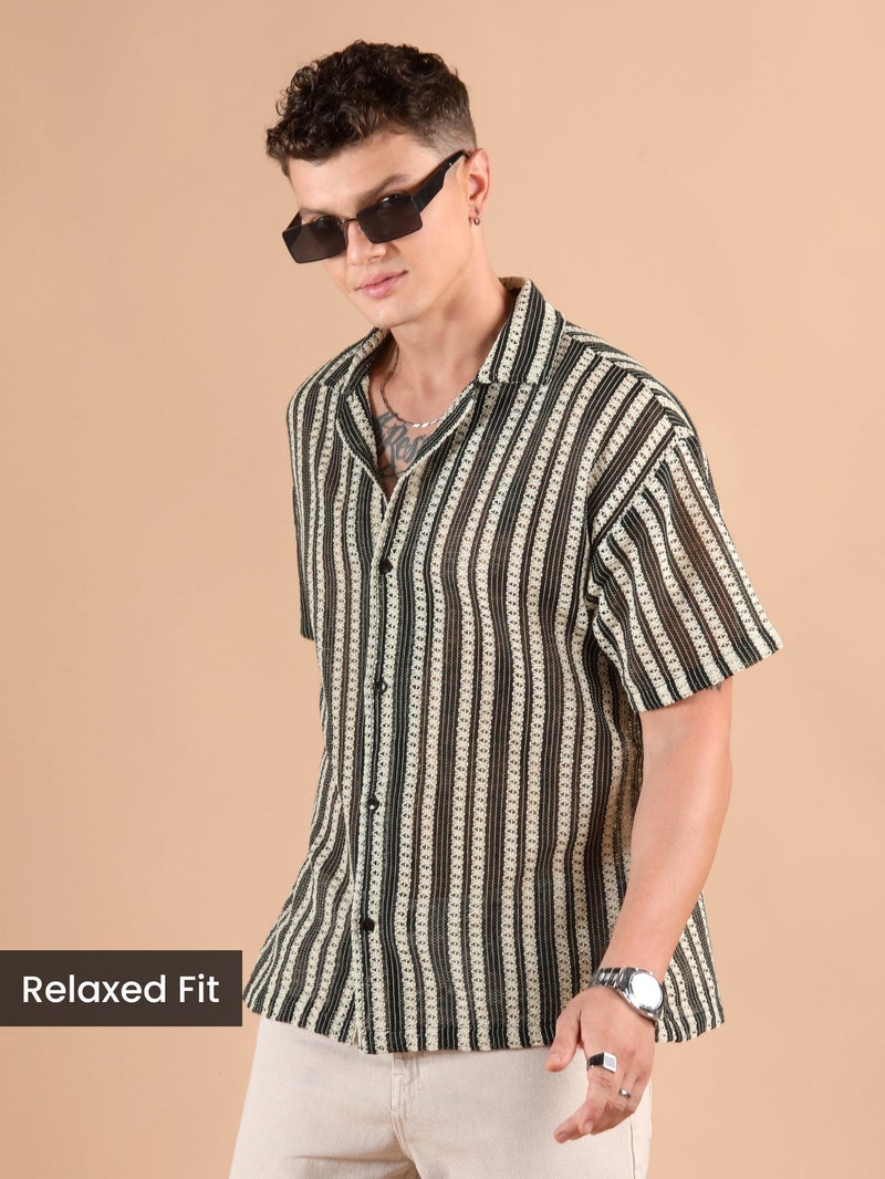 بيونغ قميص كروشيه أوف وايت بأكمام نصفية مخططة - Image 1