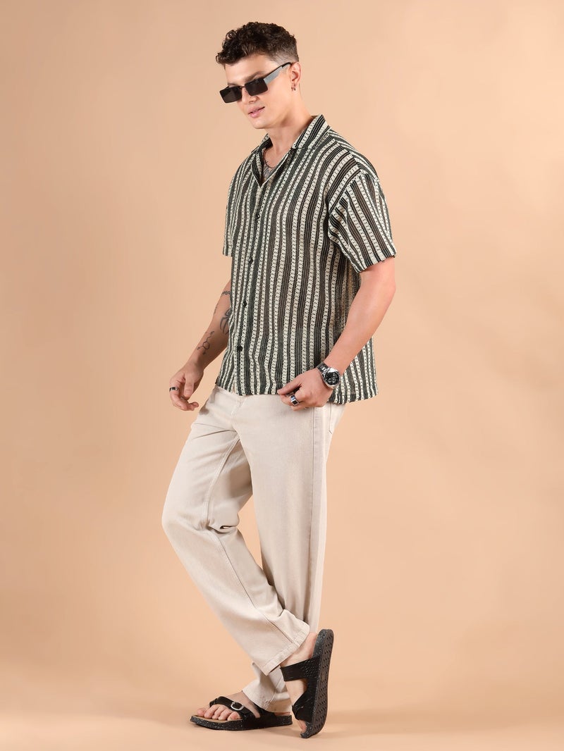 بيونغ قميص كروشيه أوف وايت بأكمام نصفية مخططة - Image 4