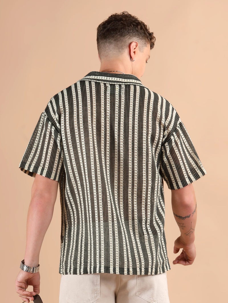 بيونغ قميص كروشيه أوف وايت بأكمام نصفية مخططة - Image 3