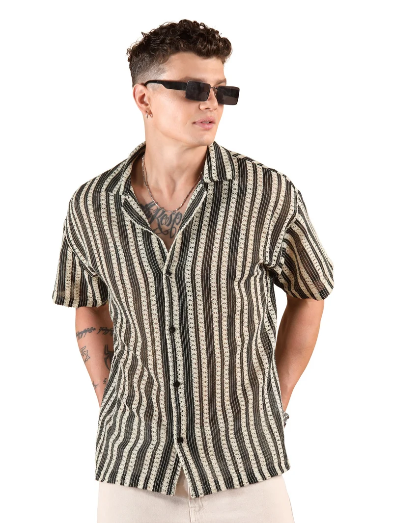 بيونغ قميص كروشيه أوف وايت بأكمام نصفية مخططة