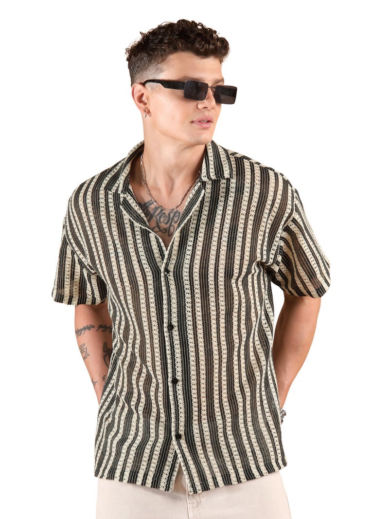 بيونغ قميص كروشيه أوف وايت بأكمام نصفية مخططة - Image 2