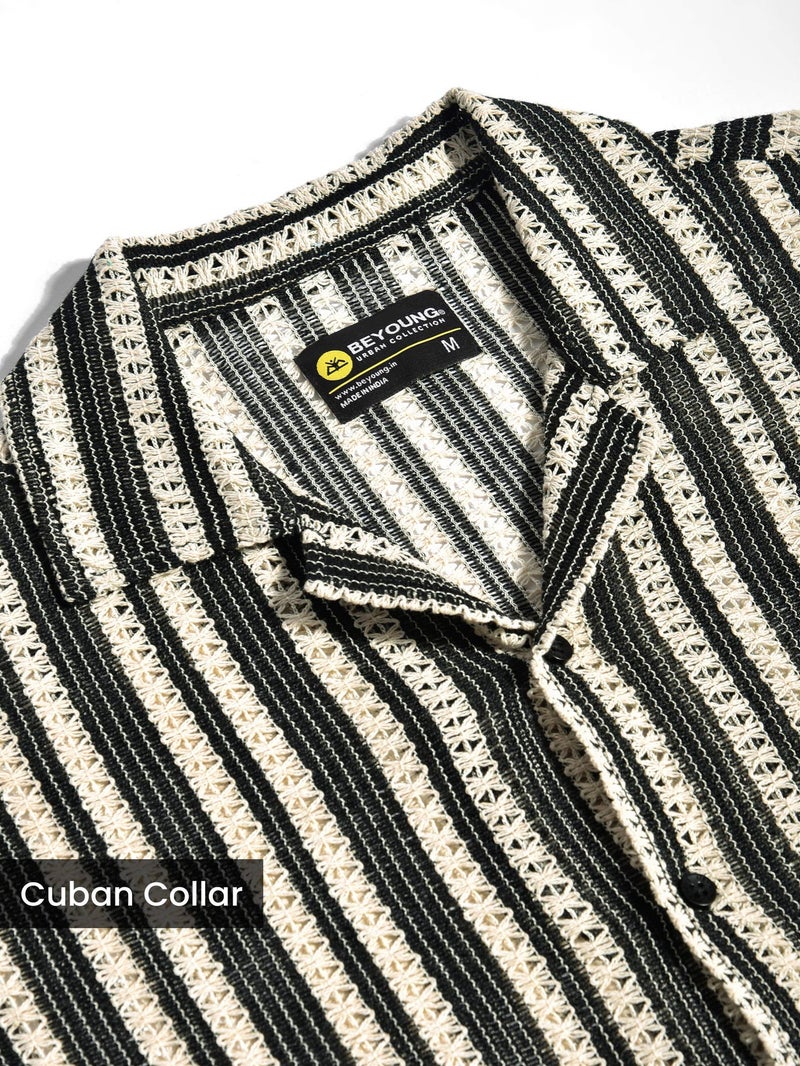 بيونغ قميص كروشيه أوف وايت بأكمام نصفية مخططة - Image 5