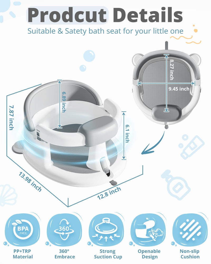 ONTHEWEI Baby Bath Seats for Babies Sitting Up, Non-Slip Baby Bathtub with 3 Suction Cups, Safe & Comfortable Toddler Bath Seat Ideal for Baby Bath/Shower Support, Stable Design, Grey (6-24 Months) - Image 2