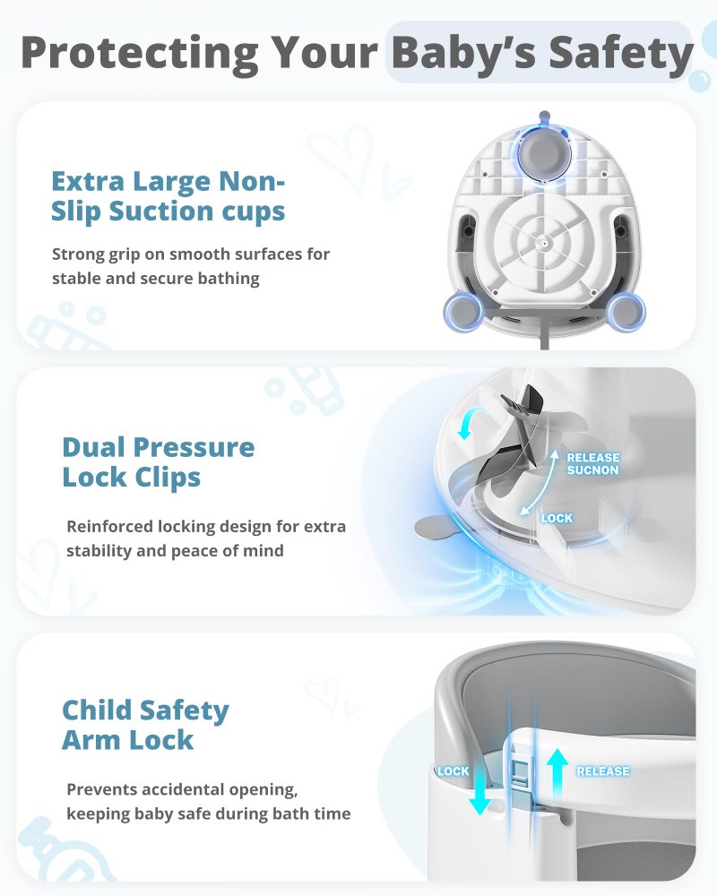 ONTHEWEI Baby Bath Seats for Babies Sitting Up, Non-Slip Baby Bathtub with 3 Suction Cups, Safe & Comfortable Toddler Bath Seat Ideal for Baby Bath/Shower Support, Stable Design, Grey (6-24 Months) - Image 3