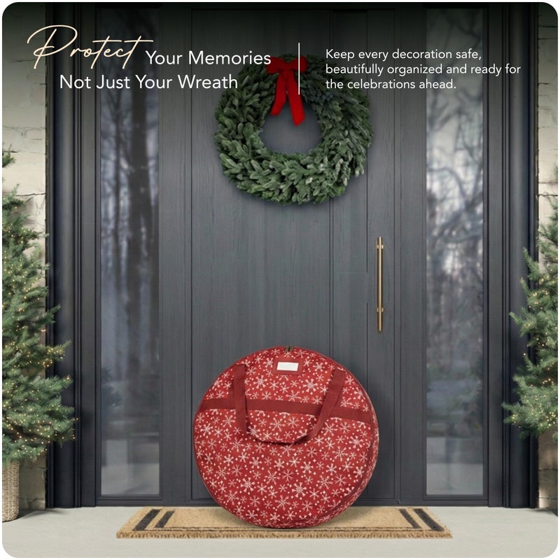 Covermates Keepsakes Wreath Storage Bag â€“ Heavy-Duty Polyester with Buckle Straps & Interior Pouch â€“ Protective Holiday Wreath Organizer with Handles, D-Ring & Label Window, Red Snowflake - Image 2