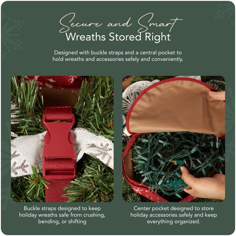 Covermates Keepsakes Wreath Storage Bag â€“ Heavy-Duty Polyester with Buckle Straps & Interior Pouch â€“ Protective Holiday Wreath Organizer with Handles, D-Ring & Label Window, Red Snowflake - Image 5
