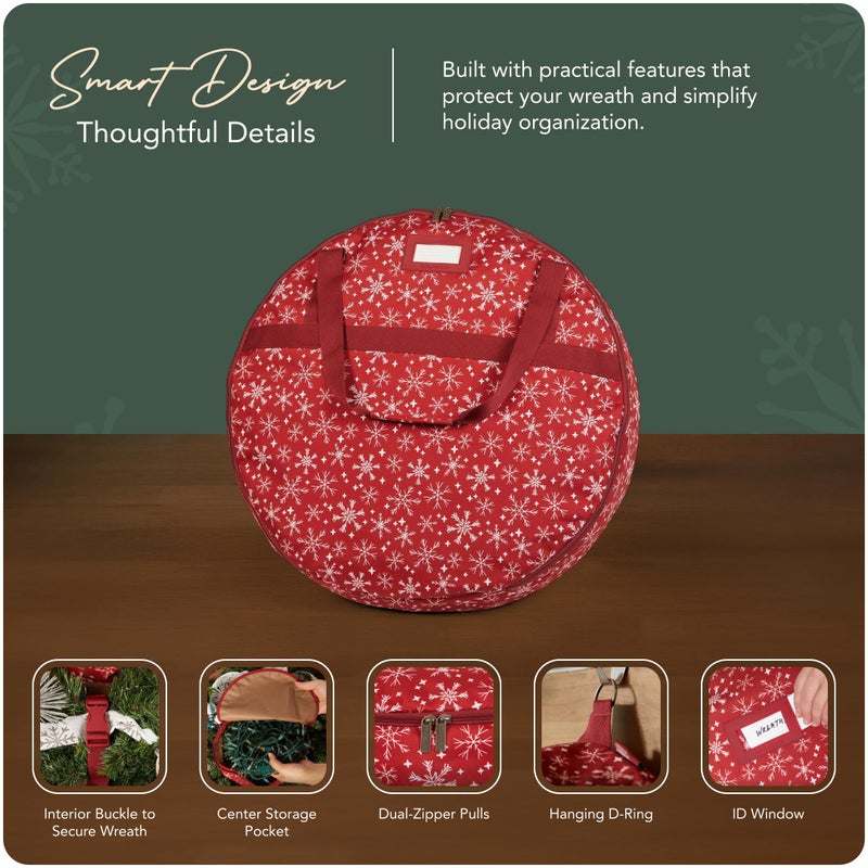Covermates Keepsakes Wreath Storage Bag â€“ Heavy-Duty Polyester with Buckle Straps & Interior Pouch â€“ Protective Holiday Wreath Organizer with Handles, D-Ring & Label Window, Red Snowflake - Image 4