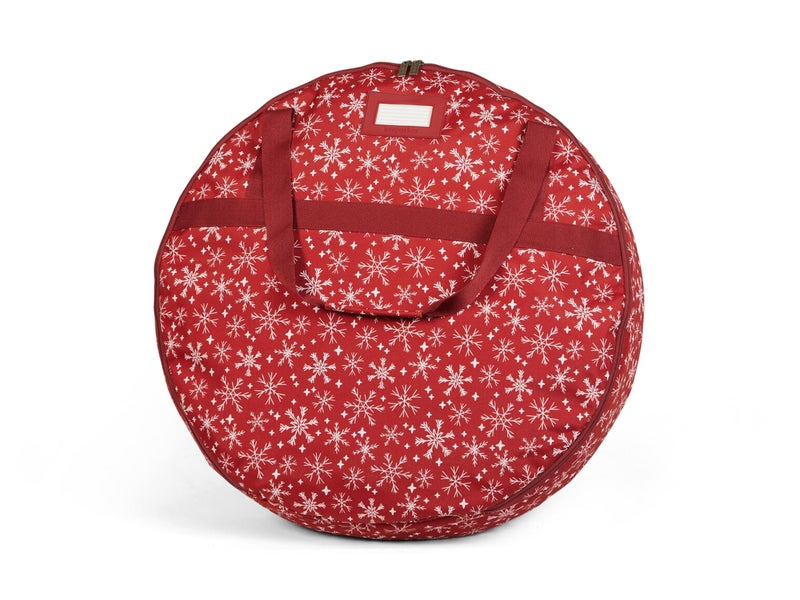 Covermates Keepsakes Wreath Storage Bag â€“ Heavy-Duty Polyester with Buckle Straps & Interior Pouch â€“ Protective Holiday Wreath Organizer with Handles, D-Ring & Label Window, Red Snowflake - Image 1