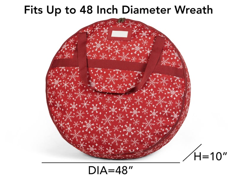 Covermates Keepsakes Wreath Storage Bag â€“ Heavy-Duty Polyester with Buckle Straps & Interior Pouch â€“ Protective Holiday Wreath Organizer with Handles, D-Ring & Label Window, Red Snowflake - Image 3