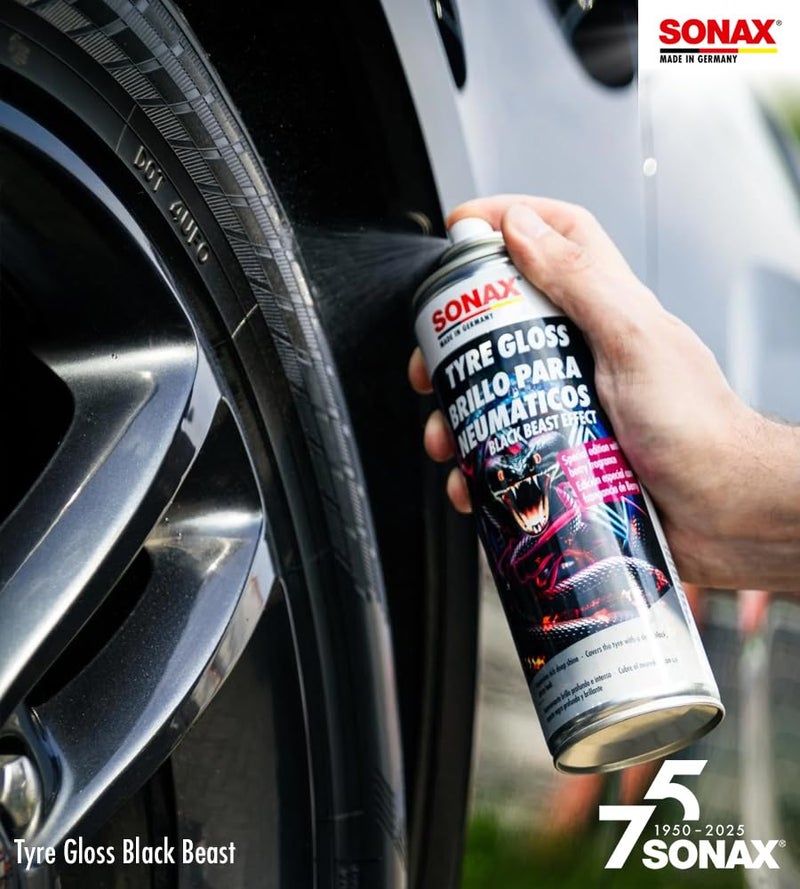 SONAX Black Beast Effect Tyre Gloss Spray 500ml | Deep Black Shiny Look for Alloy Wheels | Long Lasting Glossy Shine | Prevents Fading | Quick Spray Use | Fruity Berry Fragrance | Art.No.434400 - Image 1