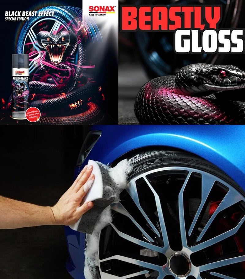 SONAX Black Beast Effect Tyre Gloss Spray 500ml | Deep Black Shiny Look for Alloy Wheels | Long Lasting Glossy Shine | Prevents Fading | Quick Spray Use | Fruity Berry Fragrance | Art.No.434400 - Image 3