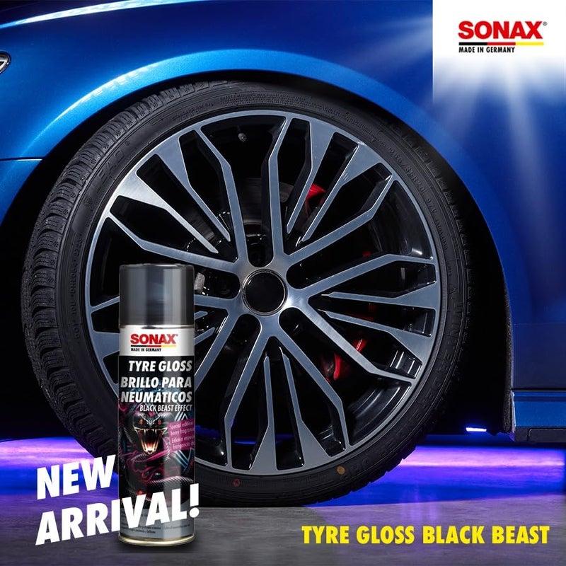 SONAX Black Beast Effect Tyre Gloss Spray 500ml | Deep Black Shiny Look for Alloy Wheels | Long Lasting Glossy Shine | Prevents Fading | Quick Spray Use | Fruity Berry Fragrance | Art.No.434400 - Image 2