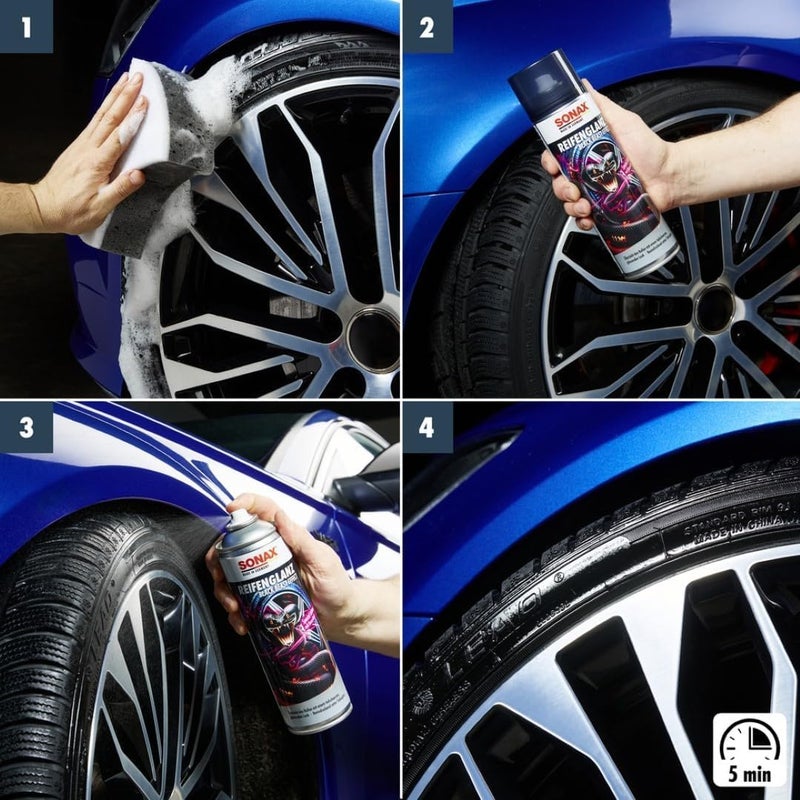 SONAX Black Beast Effect Tyre Gloss Spray 500ml | Deep Black Shiny Look for Alloy Wheels | Long Lasting Glossy Shine | Prevents Fading | Quick Spray Use | Fruity Berry Fragrance | Art.No.434400 - Image 4