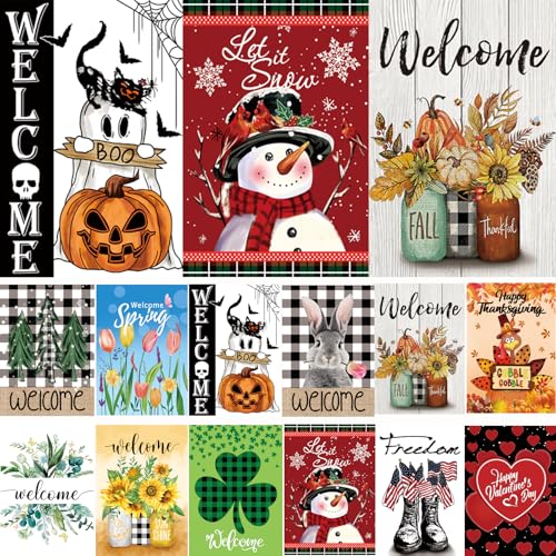 CDLong Seasonal Garden Flags Set of 12 Double Sided 12 x 18 Inch Yard Flags, Small Garden Flags for Outside, Fall Winter Halloween Christmas Outdoor Flags, Holiday Flags for All Seasons - Image 1