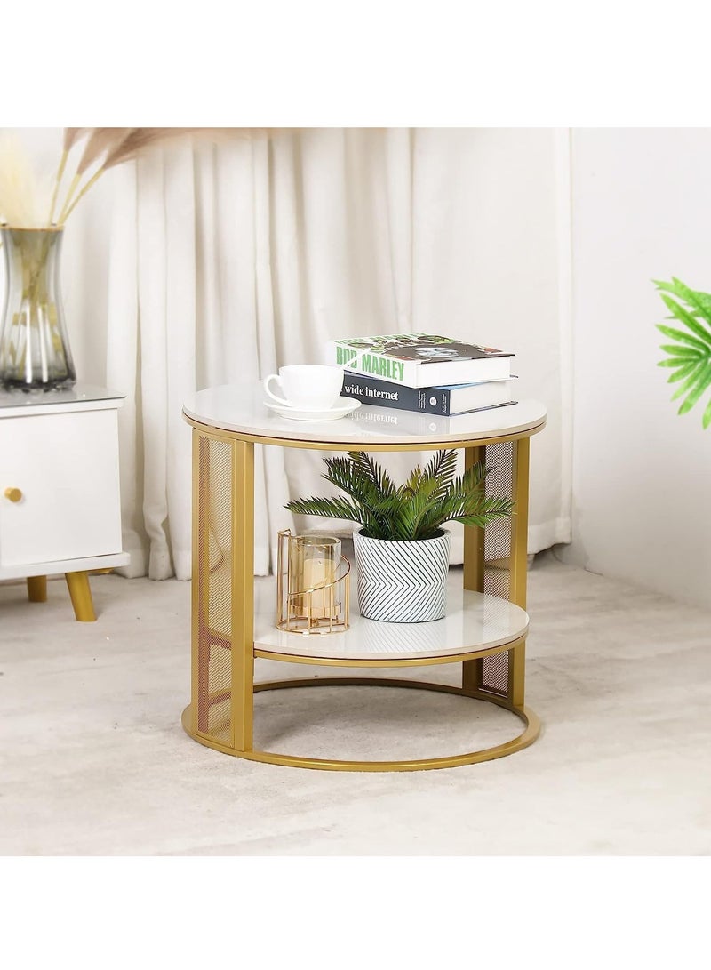 Generic Marble Round Coffee Table 2 Tier Gold Modern Accent Side End Table for Living Room with Metal Iron Frame 2 Tier Round Side Table with Storage  - Image 1