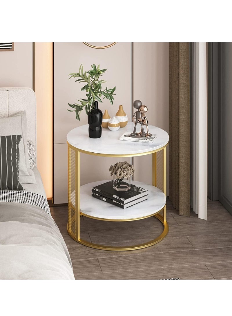 Generic Marble Round Coffee Table 2 Tier Gold Modern Accent Side End Table for Living Room with Metal Iron Frame 2 Tier Round Side Table with Storage  - Image 2