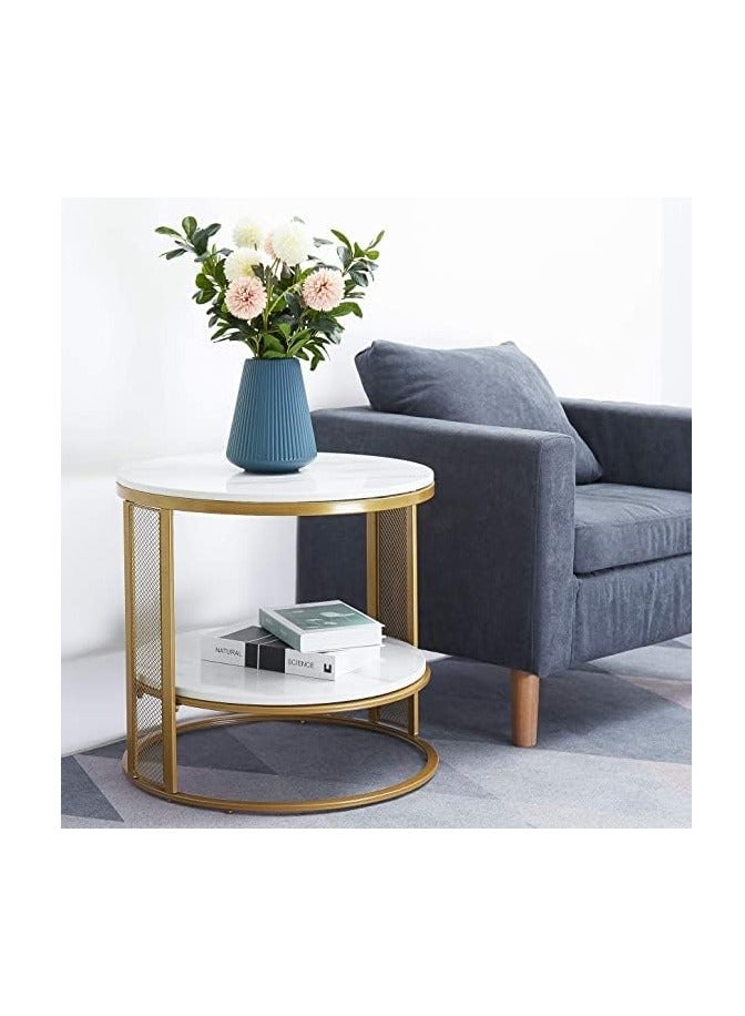 Generic Marble Round Coffee Table 2 Tier Gold Modern Accent Side End Table for Living Room with Metal Iron Frame 2 Tier Round Side Table with Storage  - Image 3
