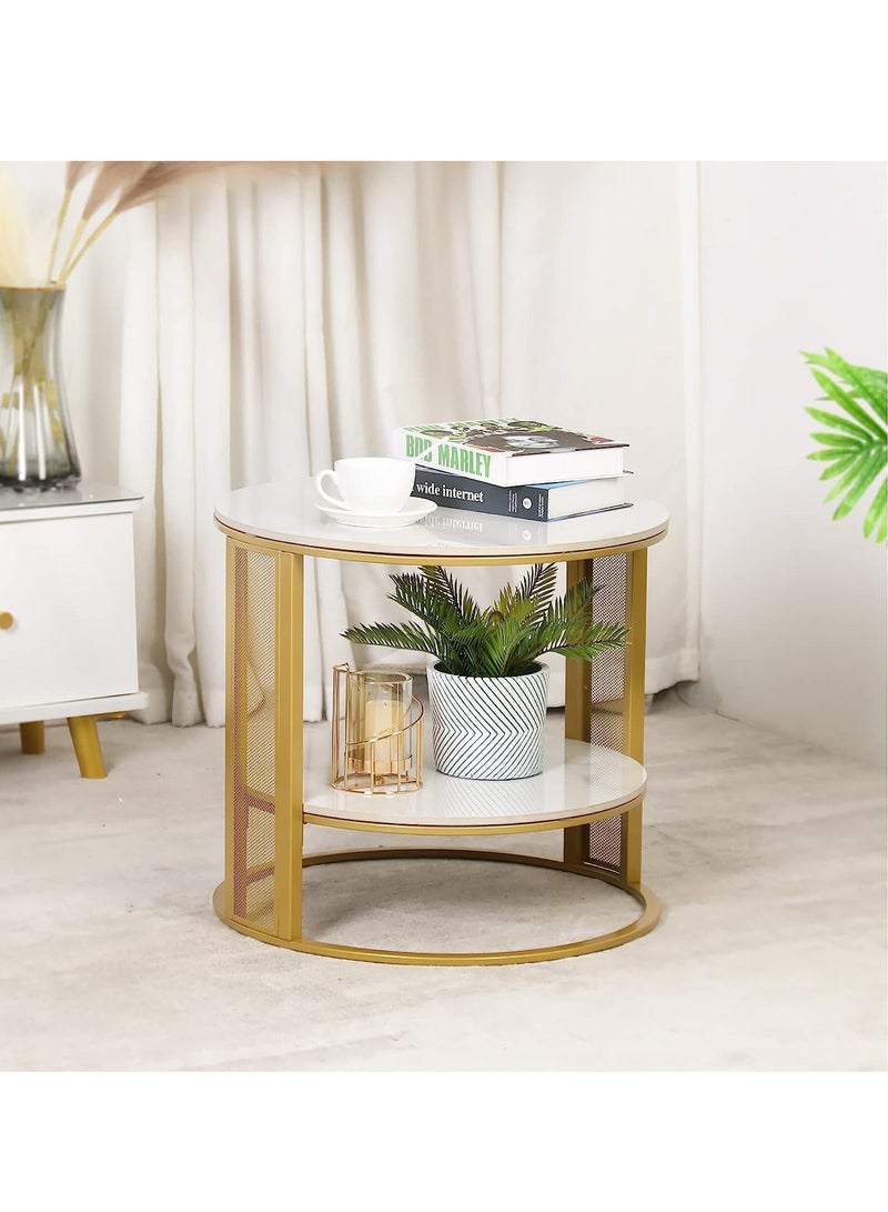 Generic Marble Round Coffee Table 2 Tier Gold Modern Accent Side End Table for Living Room with Metal Iron Frame 2 Tier Round Side Table with Storage  - Image 4