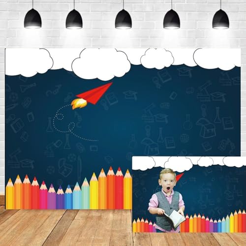 Leyiyi 8x6ft Welcome Back to School Photography Background Old Classroom Chalk Board Blackboard Colored Pens Back Season Grunge Gaffiti Paper Plane Backdrop Students Photo Portrait Vinyl Studio Prop - Image 1
