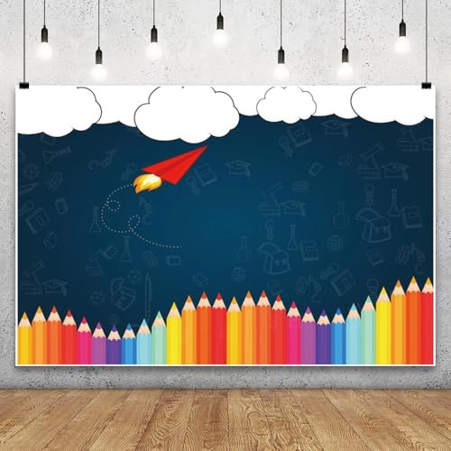 Leyiyi 8x6ft Welcome Back to School Photography Background Old Classroom Chalk Board Blackboard Colored Pens Back Season Grunge Gaffiti Paper Plane Backdrop Students Photo Portrait Vinyl Studio Prop - Image 4