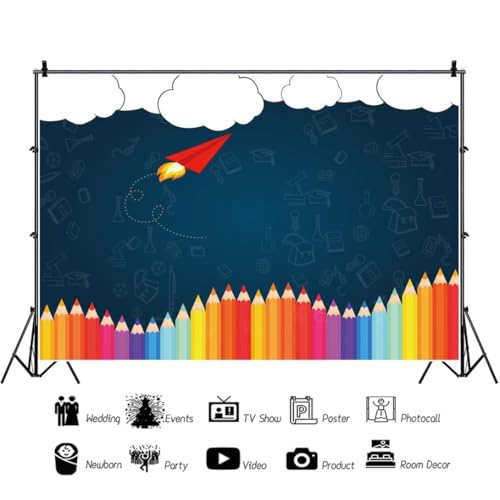 Leyiyi 8x6ft Welcome Back to School Photography Background Old Classroom Chalk Board Blackboard Colored Pens Back Season Grunge Gaffiti Paper Plane Backdrop Students Photo Portrait Vinyl Studio Prop - Image 2