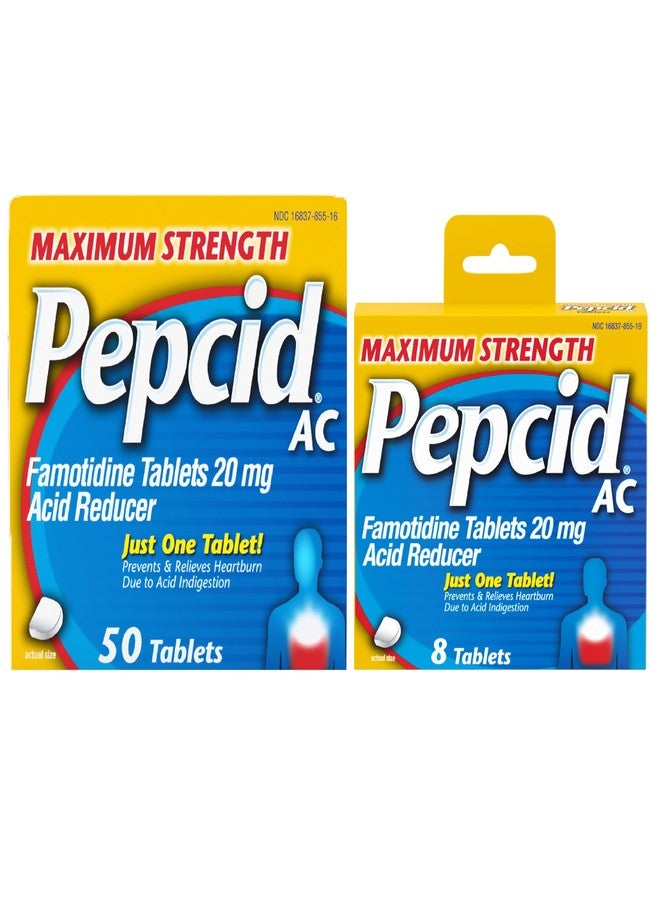 Pepcid AC Maximum Strength Heartburn Relief Tablets, 20mg Famotidine Acid Reducer, Fast-Acting OTC Medicine Prevents & Relieves Heartburn Due to Acid Indigestion, 8-Count Travel Pack & 50-Count Bottle - Image 1
