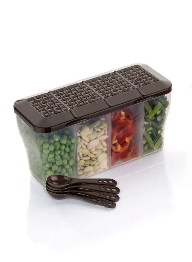 HAPPI Multipurpose Plastic 4 In 1 Masala Box for Kitchen, Spice Boxes for Kitchen, Transparent 4 Compartment Storage Containers Airtight Grocery, Dry Fruits Box 1800 Ml with 4 Spoons(Brown) - Image 1