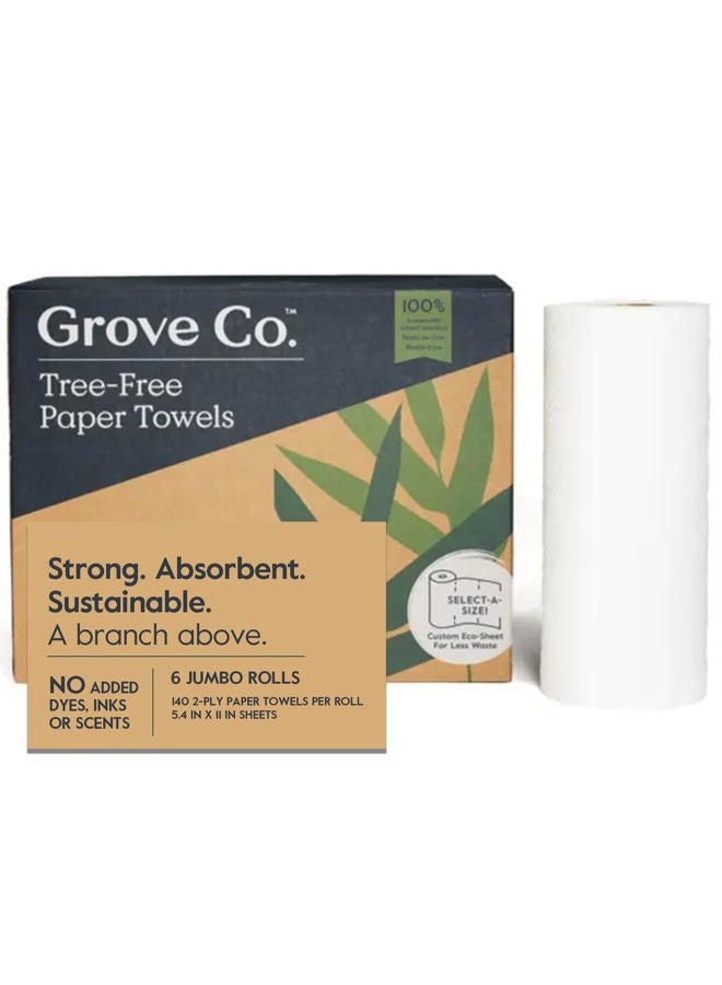 Grove Co. Bamboo Paper Towels, Tree Free & Sustainable Kitchen Paper Towels, Strong & Absorbent with Custom Select Sheets for Less Waste, Zero Plastic Waste. 140 x 2-ply Sheets per Roll, 6 Pack Rolls - Image 1