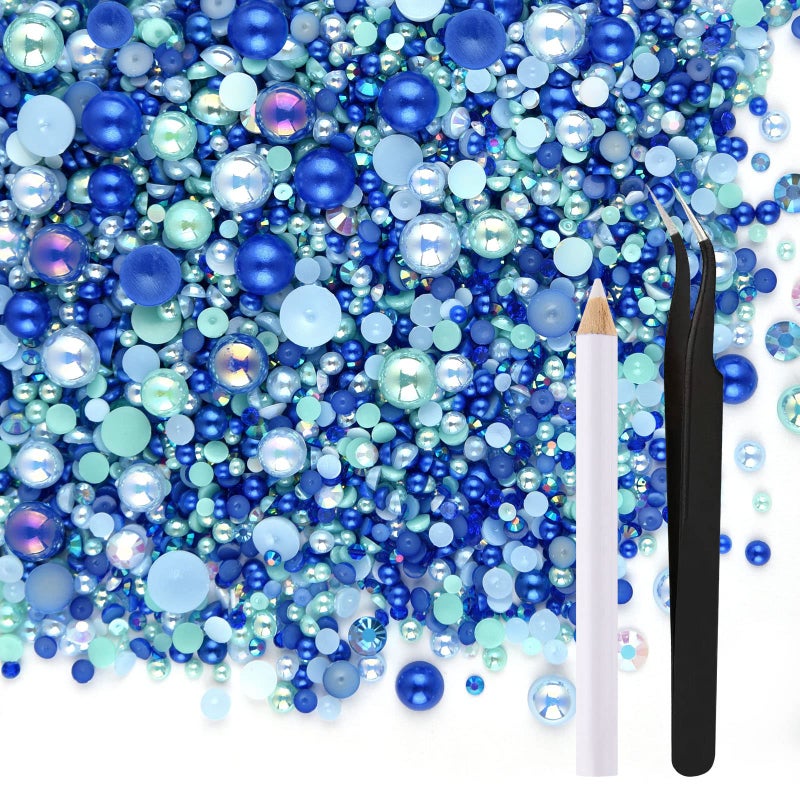 ASTARON 50g Mix Flatback Rhinestones Half Pearls for Crafts Mixed Size 3mm10mm Flat Back Rhinestones for Crafts Flatback Pearls for DIY Tumblers Mugs Nail Art Shoes Clothes Blue Series