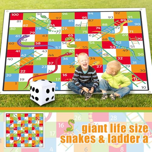 Realspring 9.8 ft Giant Snakes and Ladders Game Playing Mat with 6 Nails 14 Inch Inflatable Dice and Storage Bag Floor Snake and Ladder Board Game Big Size for Both Indoor and Outside - Image 3