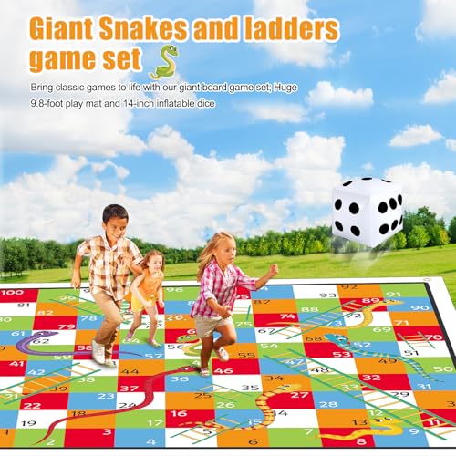 Realspring 9.8 ft Giant Snakes and Ladders Game Playing Mat with 6 Nails 14 Inch Inflatable Dice and Storage Bag Floor Snake and Ladder Board Game Big Size for Both Indoor and Outside - Image 5