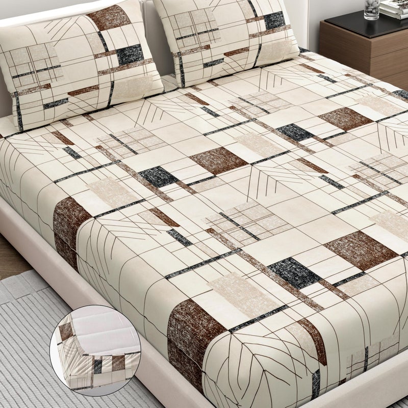 Dreamscape Microfibre Wrinkle & Fade Resistant Fitted Bedsheet for King Bed, 140TC, 1 Fitted Bed Sheet (Size 72 x 78 inches + 12 inches Pocket) with 2 Pillow Covers, Beige - Image 1