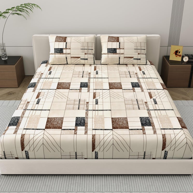 Dreamscape Microfibre Wrinkle & Fade Resistant Fitted Bedsheet for King Bed, 140TC, 1 Fitted Bed Sheet (Size 72 x 78 inches + 12 inches Pocket) with 2 Pillow Covers, Beige - Image 2