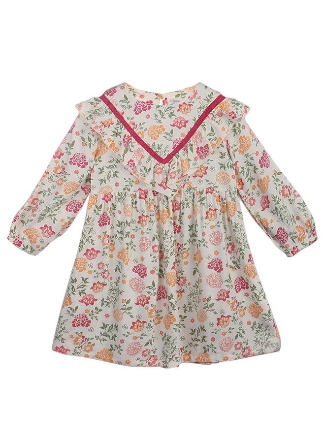 Beebay Floral Print Lace Insert Ruffle Cotton Dress Off-White - Image 1