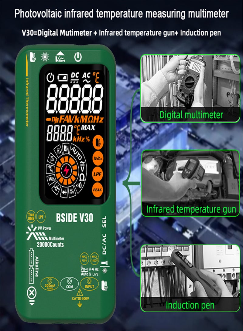 بي سايد BSIDE V30 مقياس متعدد بالأشعة تحت الحمراء الكهروضوئية، مقياس متعدد لقياس درجة الحرارة الرقمية، عالي الدقة، مزود طاقة مزدوج، مقياس متعدد ذكي بشاشة ملونة، جهد عالي 1500 فولت، T-RMS، 20000 عداد، شاشة LCD ملونة، أجهزة إلكترونية/إصلاح سيارات، إلخ. - Image 5