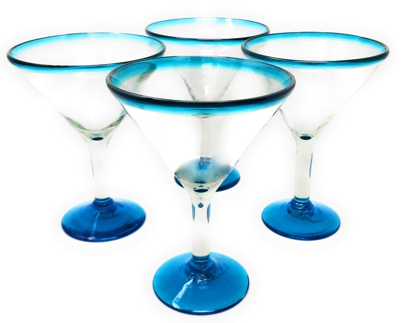 Dos Sueños Mexican Hand Blown Glass  Set of 4 Hand Blown Modern Margarita Glasses  Aqua Rim 12 oz
