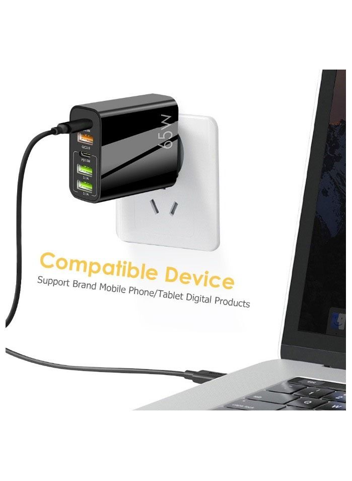 65W 5 Ports Multifunctional Universal Fast Charging Adapter Mobile Phone Charger Universal Travel Power Adapter Pad and Computer Chargers International Wall Charger QC3.0 PD20W USB3.1A Black - Image 3