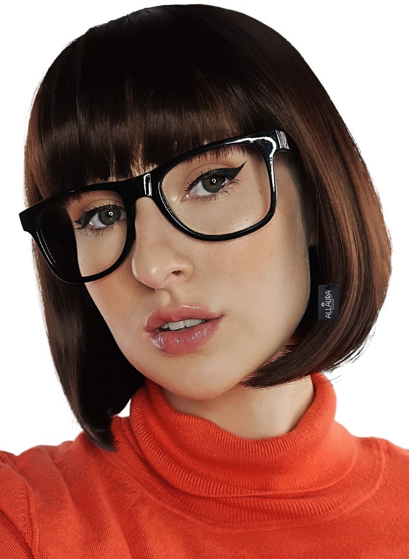 ALLAURA Compatible with Velma Wig Brown Bob Wig with Glasses for Women Cosplay Flapper Wig with Bangs Cartoon Detective Look Halloween Costume Dora Style Retro Nerdy Outfit Accessory