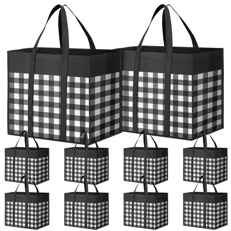 WOWBOX WOWBOX Reusable Grocery Bags 10-Pack  Foldable Reusable Shopping Tote Bags bulk with Reinforced Handles Large Storage Bags with Water Resistant Coating for Groceries Multipurpose Black-White  - Image 1