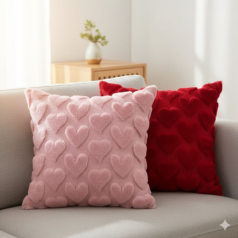 Set Of 2 Red Heart Valentine Pillow Covers 18x18 Inches Soft Fluffy Jacquard For Sofa Bedroom Decor - Image 1